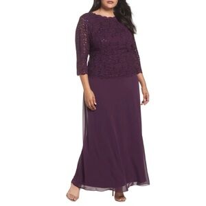 Alex Evenings Plum Lace Bodice & Chiffon Maxi Dress